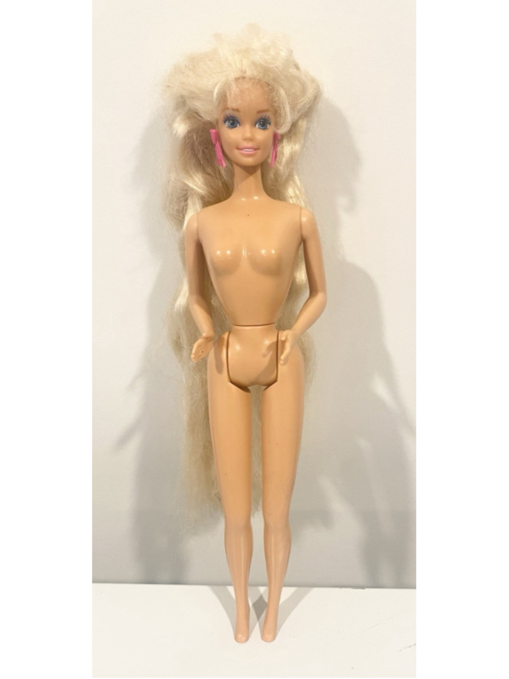 Vintage 1991 Totally Hair Barbie Doll Blonde Mattel Pink Earrings Nude Doll